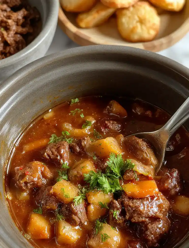 Comforting Crockpot Beef Stew in bowl on white marble