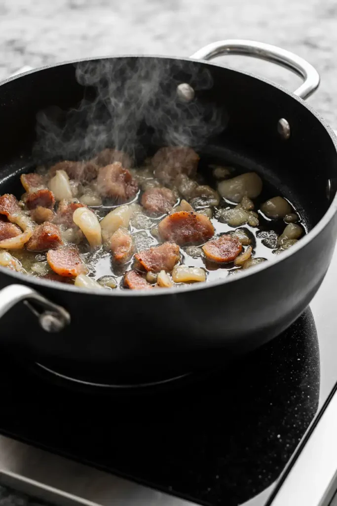 Cooking bacon and onions in butter in a white pot on marble stove background