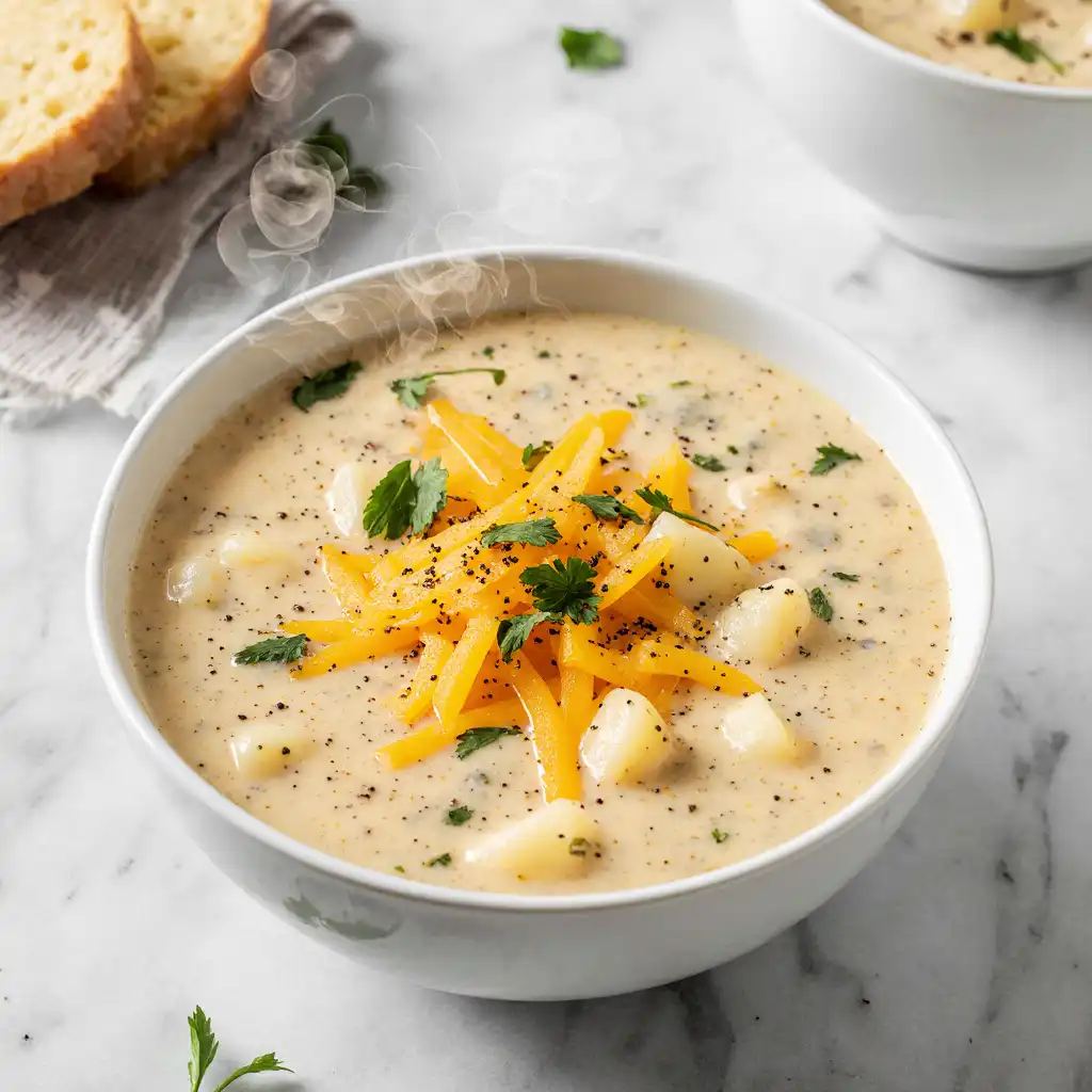 Creamy cheddar garlic herb potato soup in a white bowl topped with melted cheese and parsley on marble background