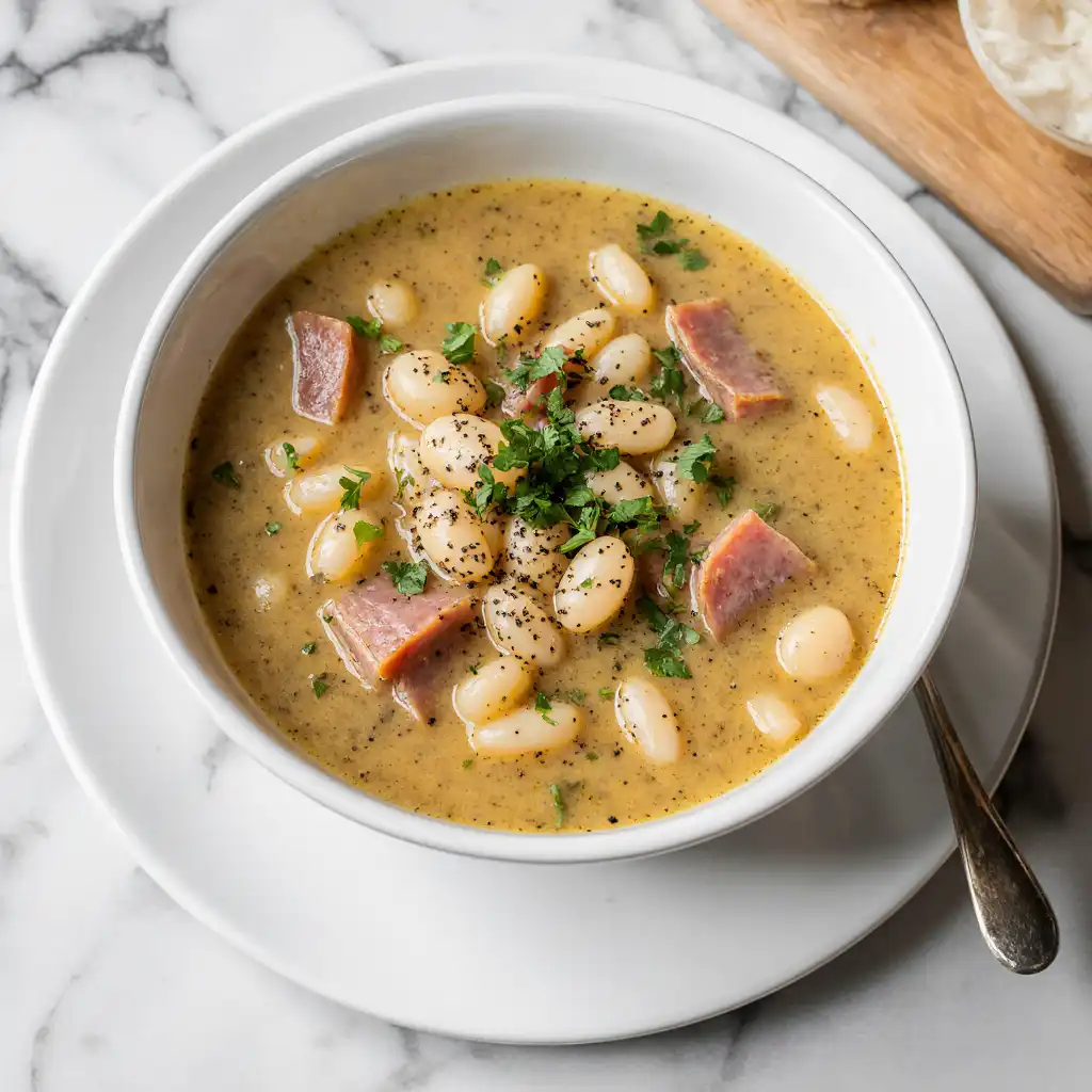 Hearty ham and white bean soup in a white bowl topped with parsley on marble background