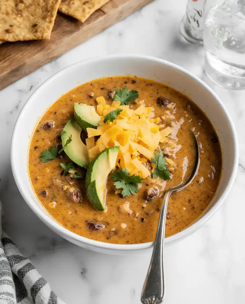Bowl of cheesy ground beef taco soup with toppings