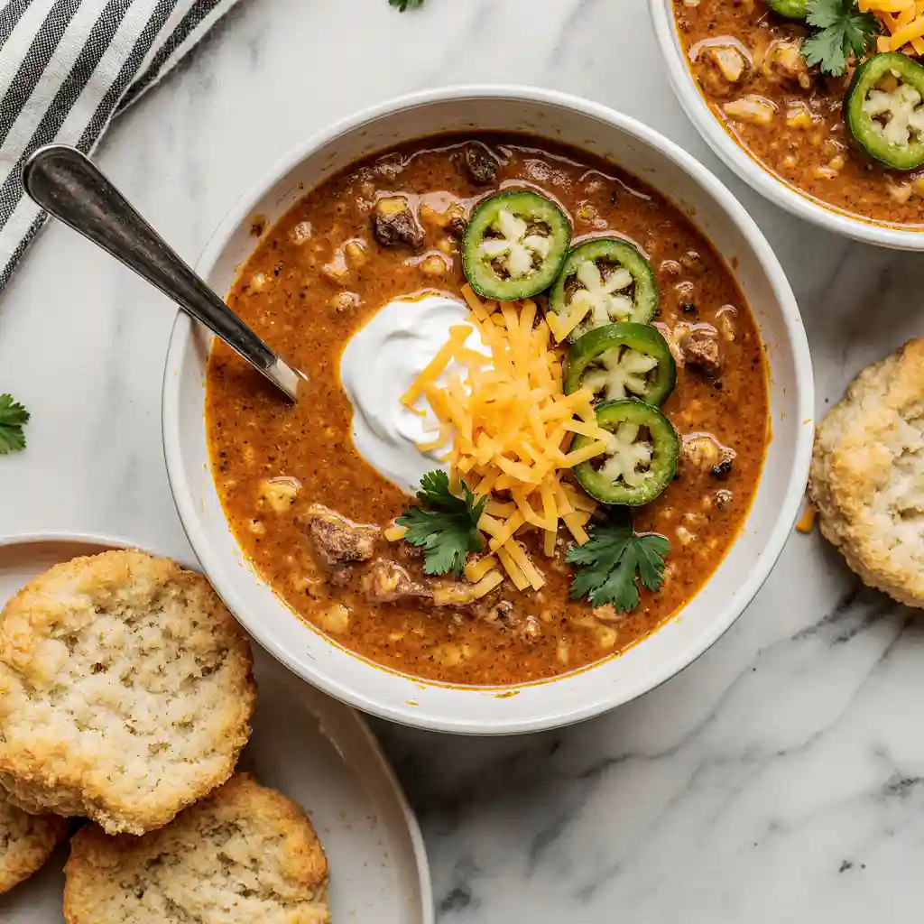 Creamy Taco Soup With 19G Protein in bowl on white marble