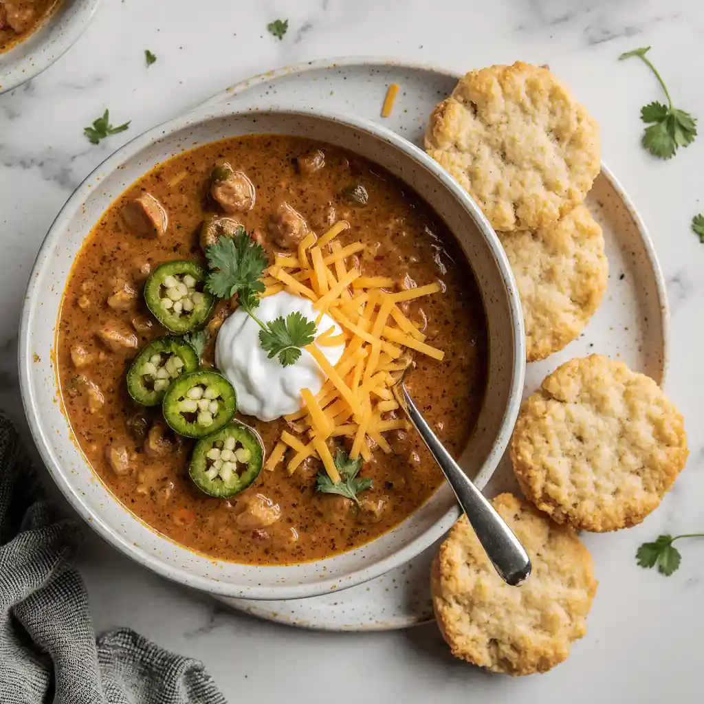 Creamy Taco Soup With 19G Protein in bowl on white marble