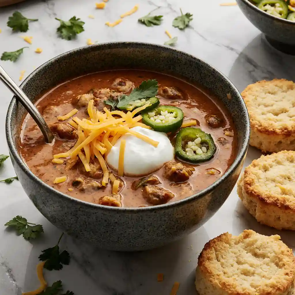 Creamy Taco Soup With 19G Protein in bowl on white marble