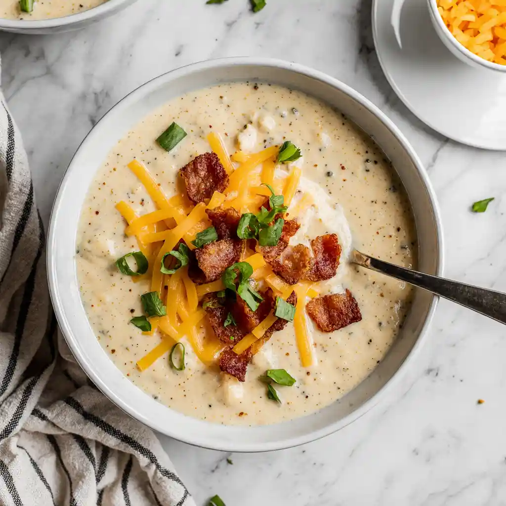 Creamy baked potato soup with toppings