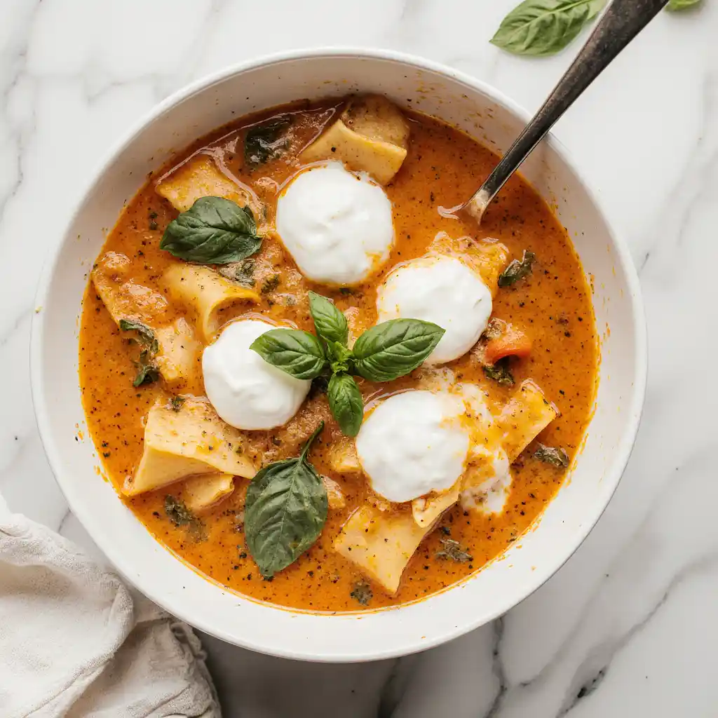 Creamy lasagna soup with ricotta and basil in a white bowl