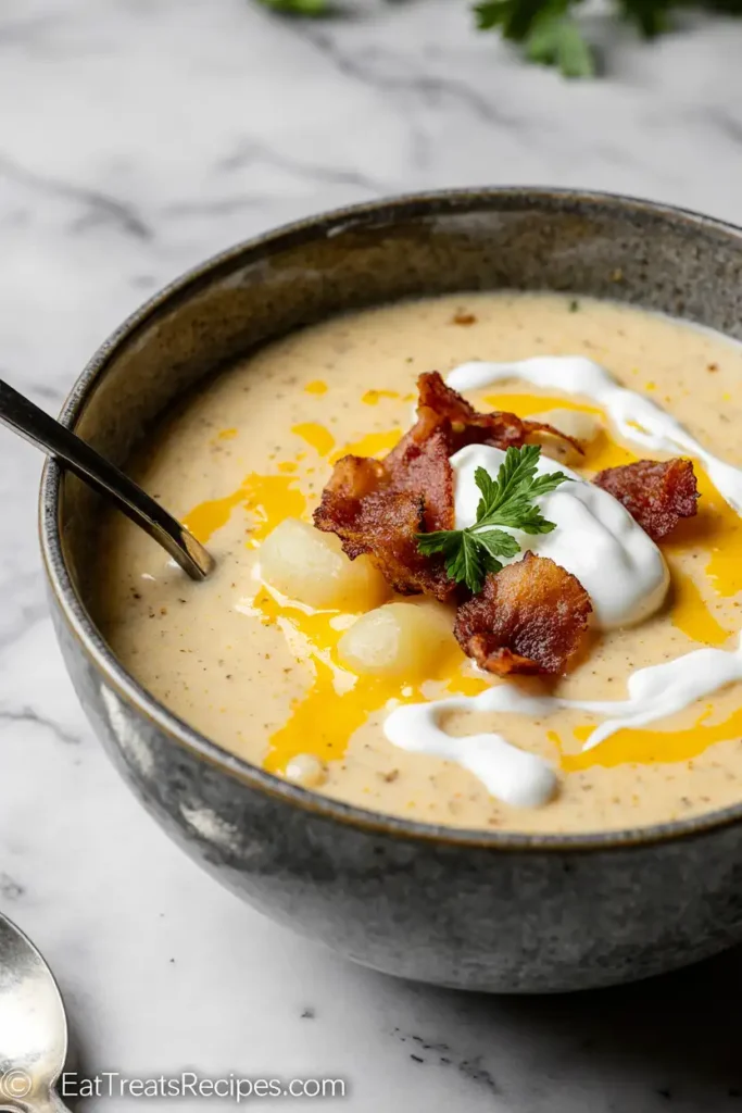 Close-up of creamy potato soup showing melted cheese, bacon bits, and herbs