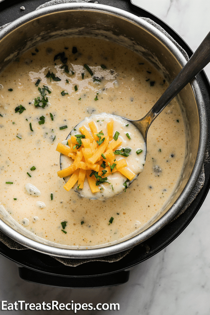 Finished baked potato soup in pot ready to serve
