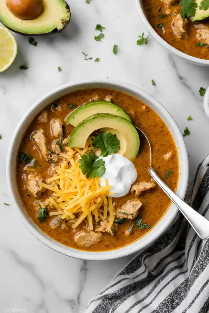 Bowl of creamy chicken taco soup with avocado and lime