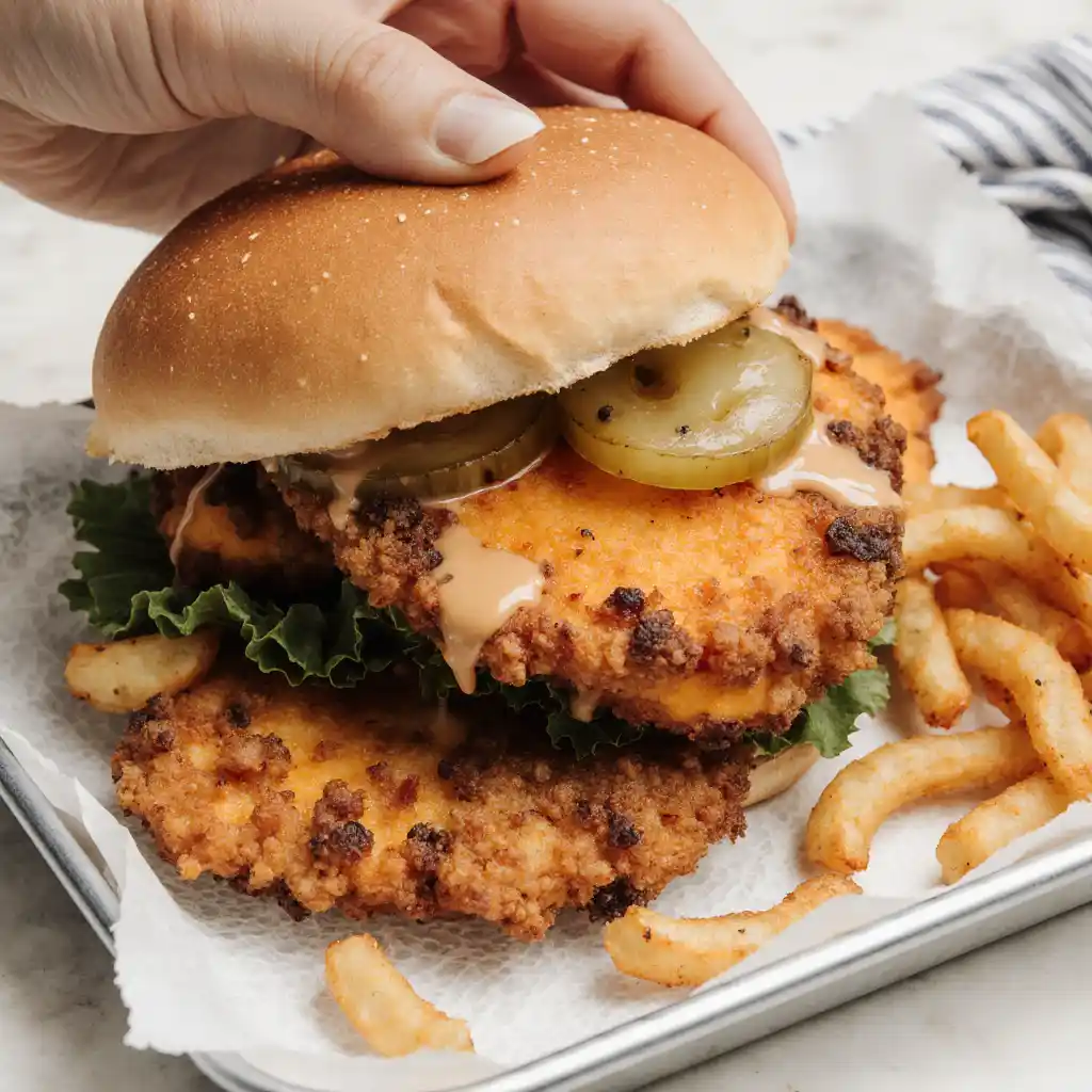 Crispy Pickle-Brined Chicken Sandwich on white marble