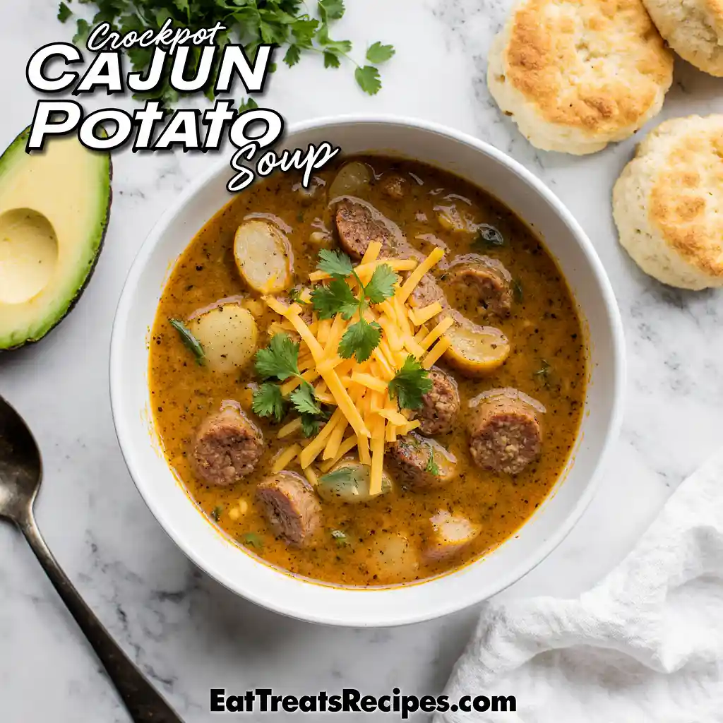 Crockpot Cajun Potato Soup bowl on white marble