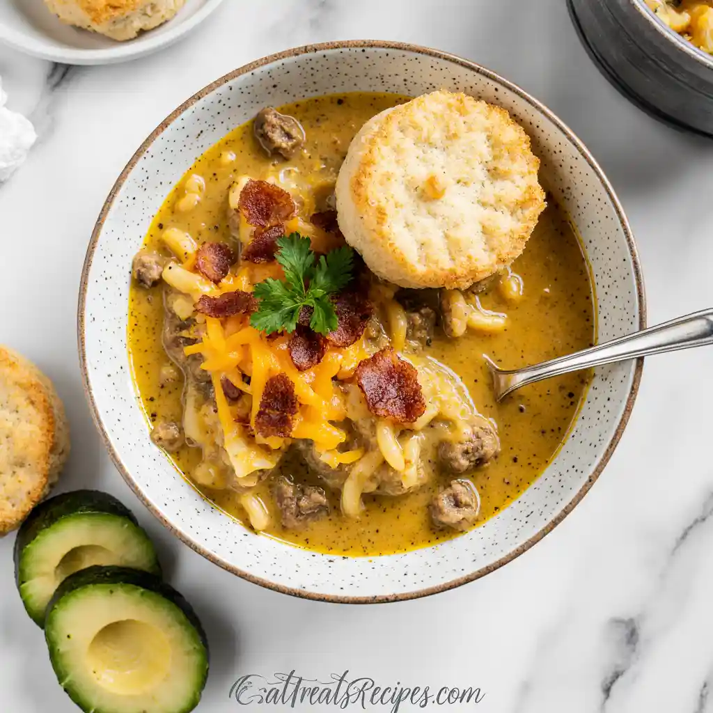 Crockpot Cheeseburger Macaroni Soup on white marble