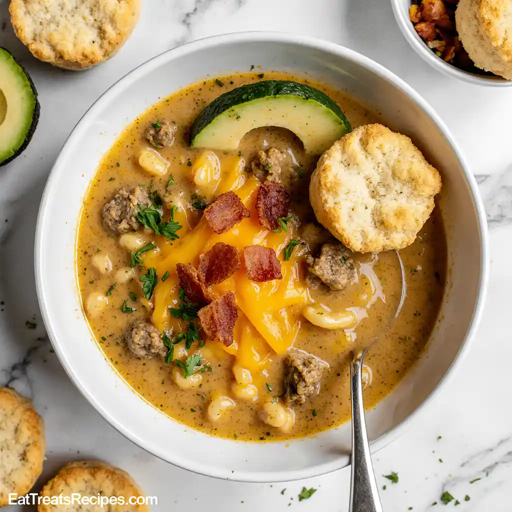 Crockpot Cheeseburger Macaroni Soup on white marble