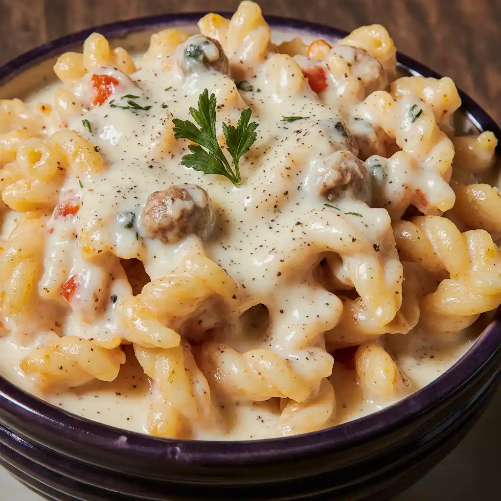 Crockpot garlic parmesan chicken pasta on marble