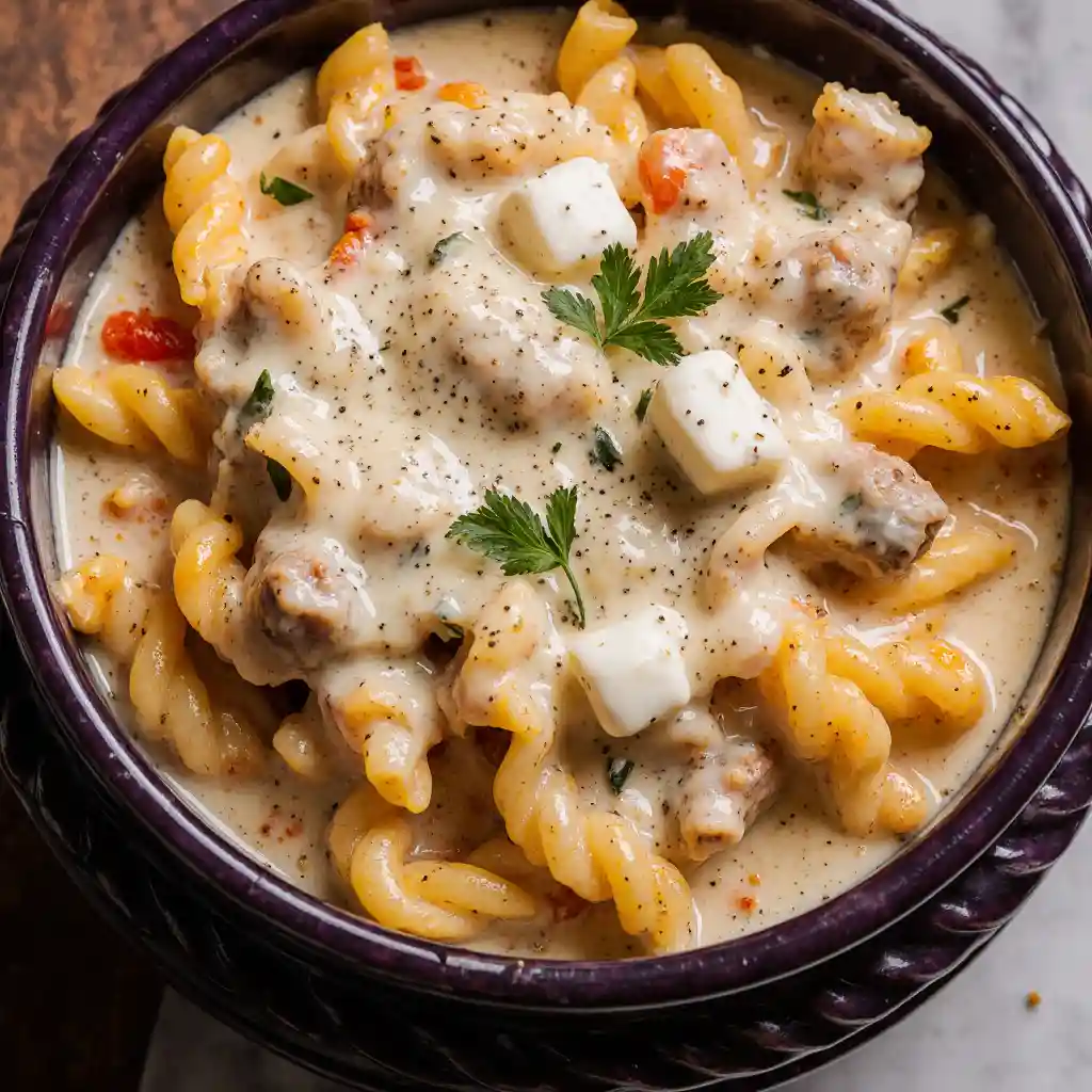 Close-up of creamy garlic parmesan pasta