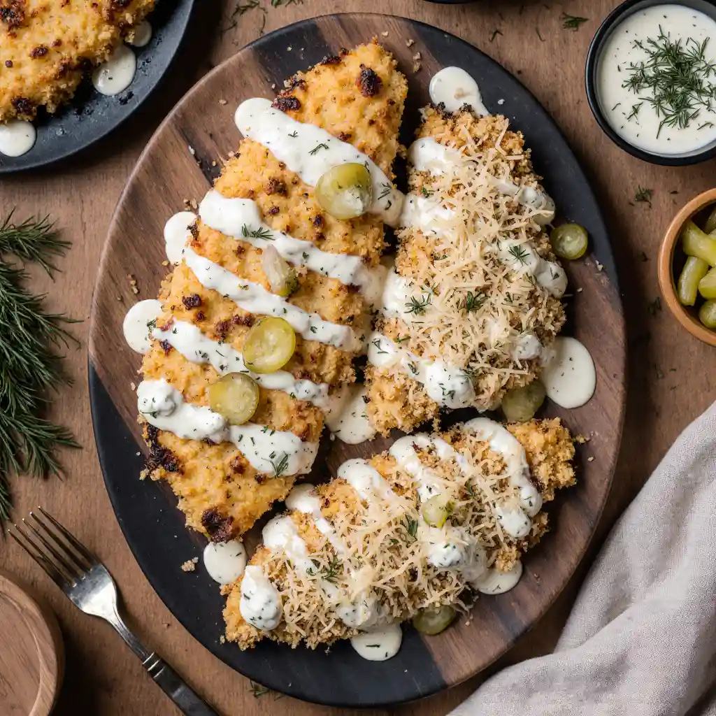 Dill Pickle Parmesan Chicken on white marble plate