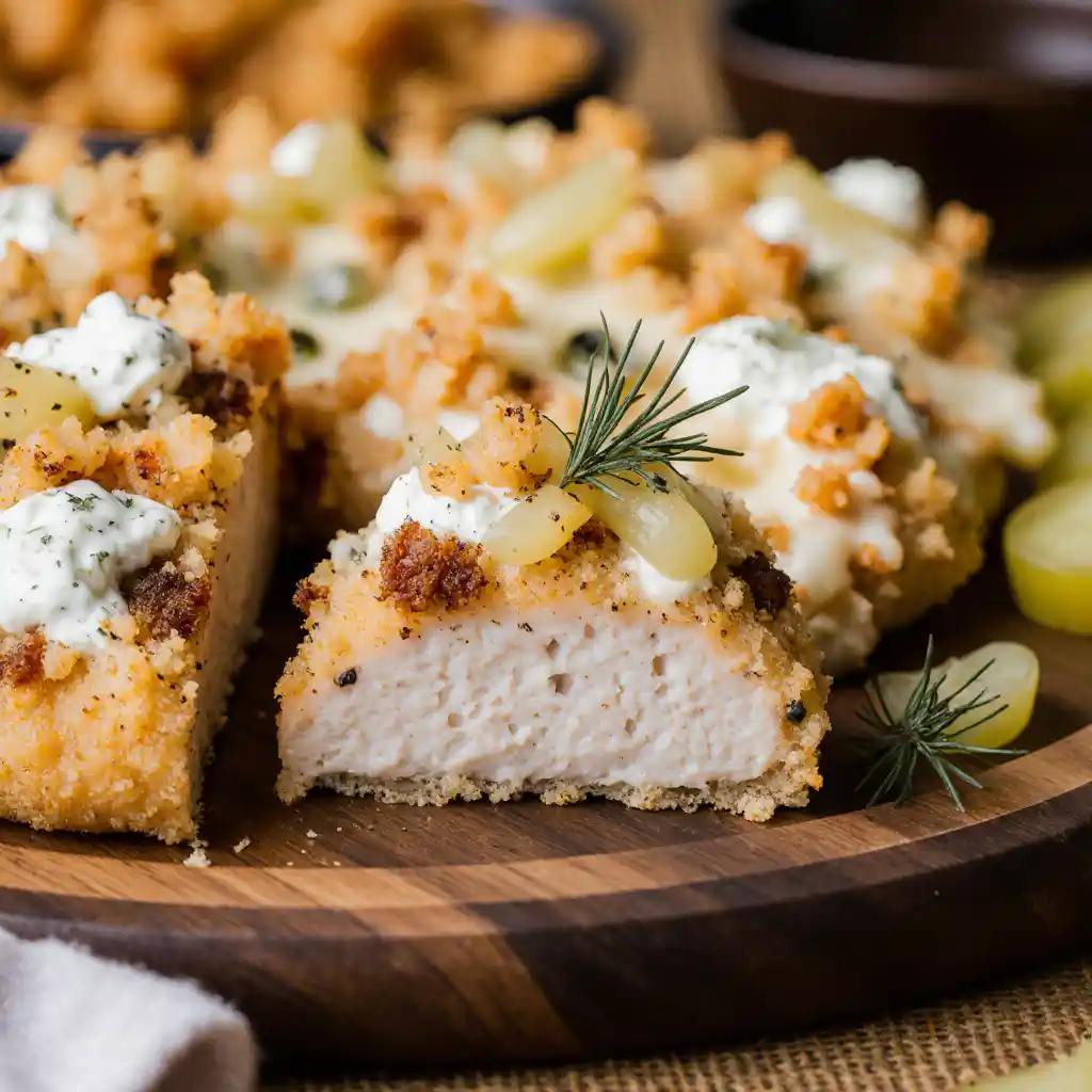 Dill Pickle Parmesan Chicken on white marble plate”