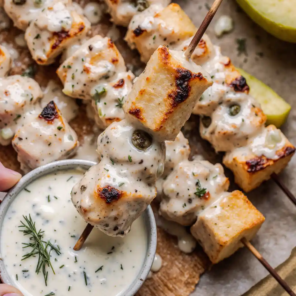 Dill Pickle Ranch Chicken Skewers on white marble platter