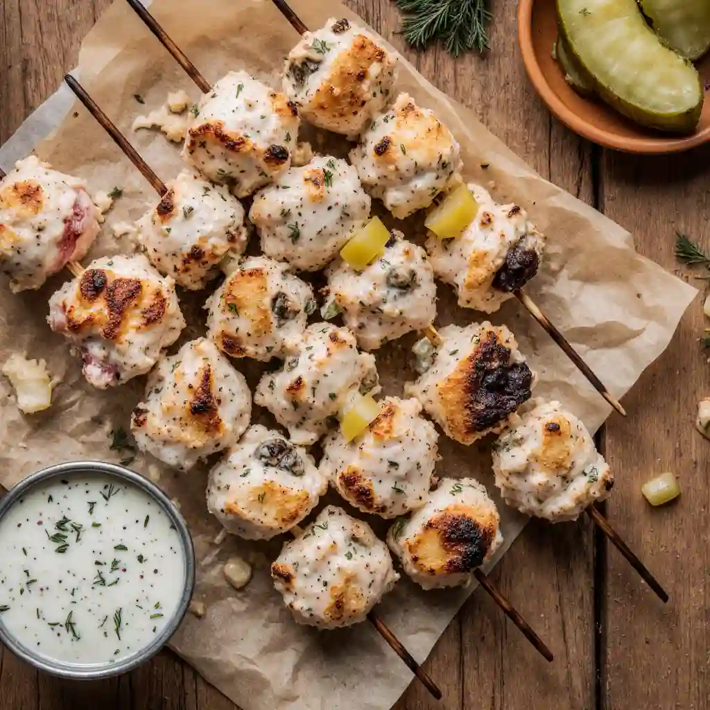 Dill Pickle Ranch Chicken Skewers on white marble platter
