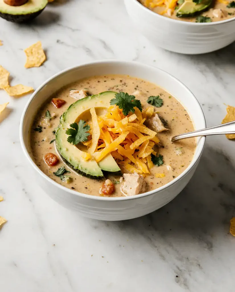 Bowl of creamy chicken taco soup with toppings