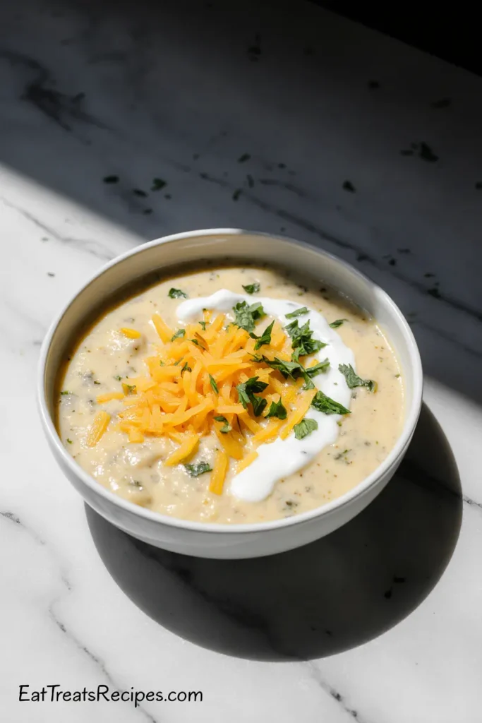 Finished cheddar garlic herb potato soup served in a white bowl with cheese and herbs