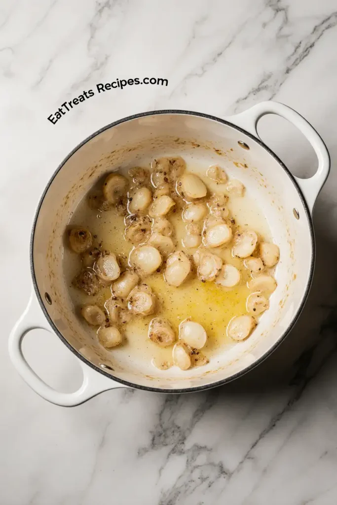 Onion and garlic sautéing in white pot