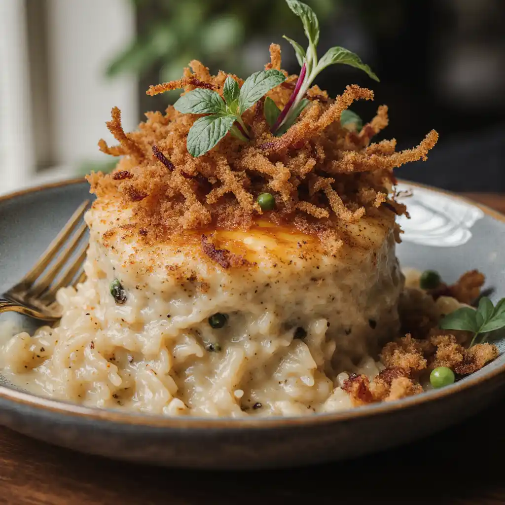 Plate of creamy French onion chicken rice casserole