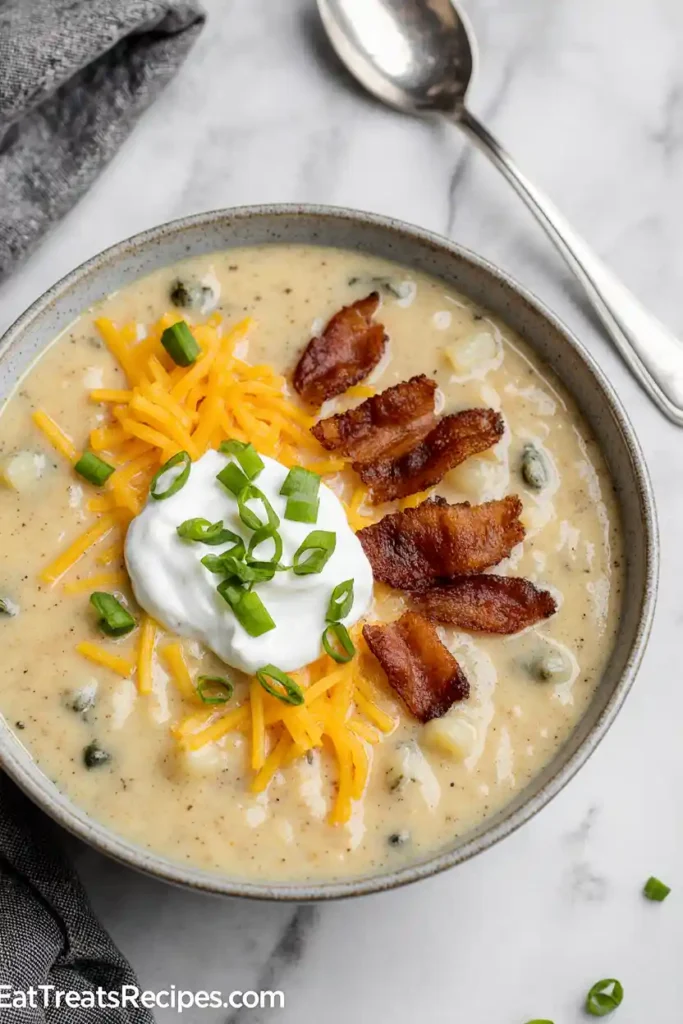Garnished baked potato soup bowl