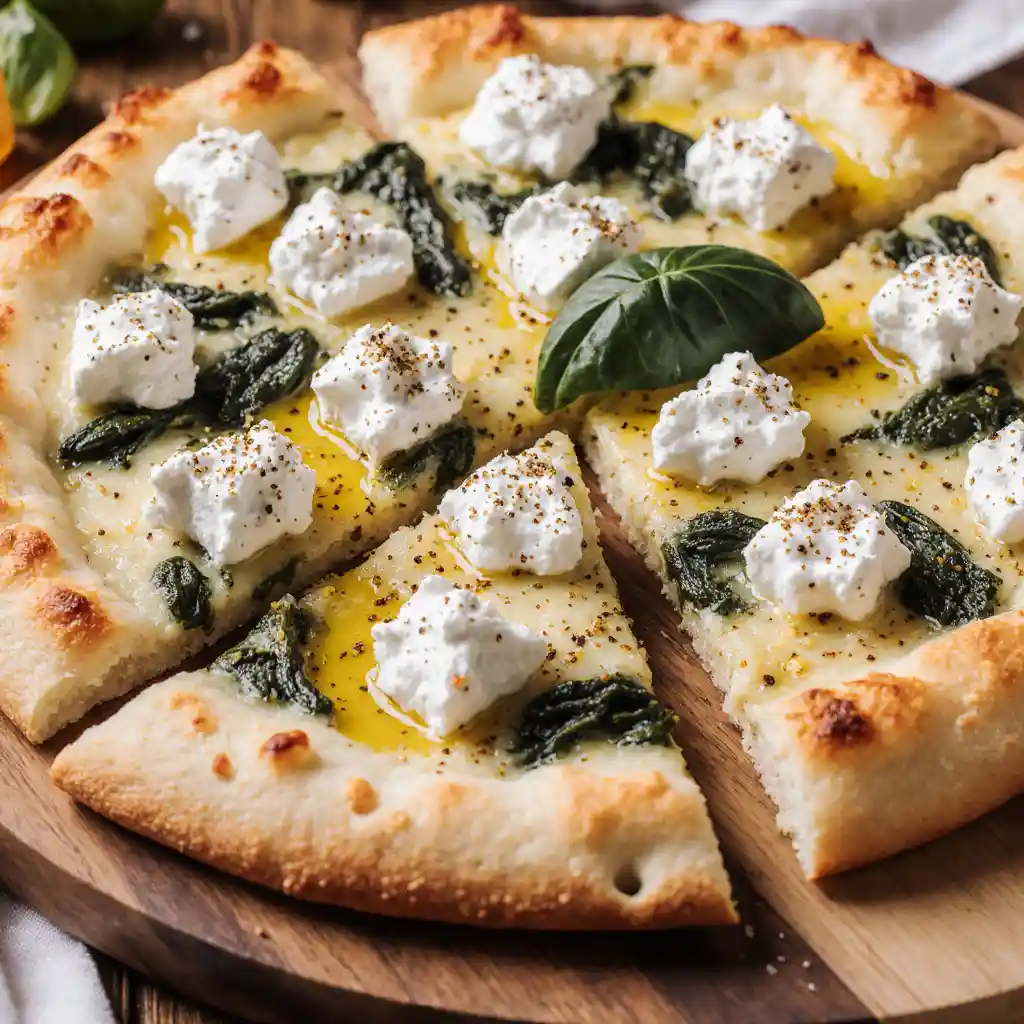 Serving Greek Roasted Garlic Spinach White Pizza with wine at home