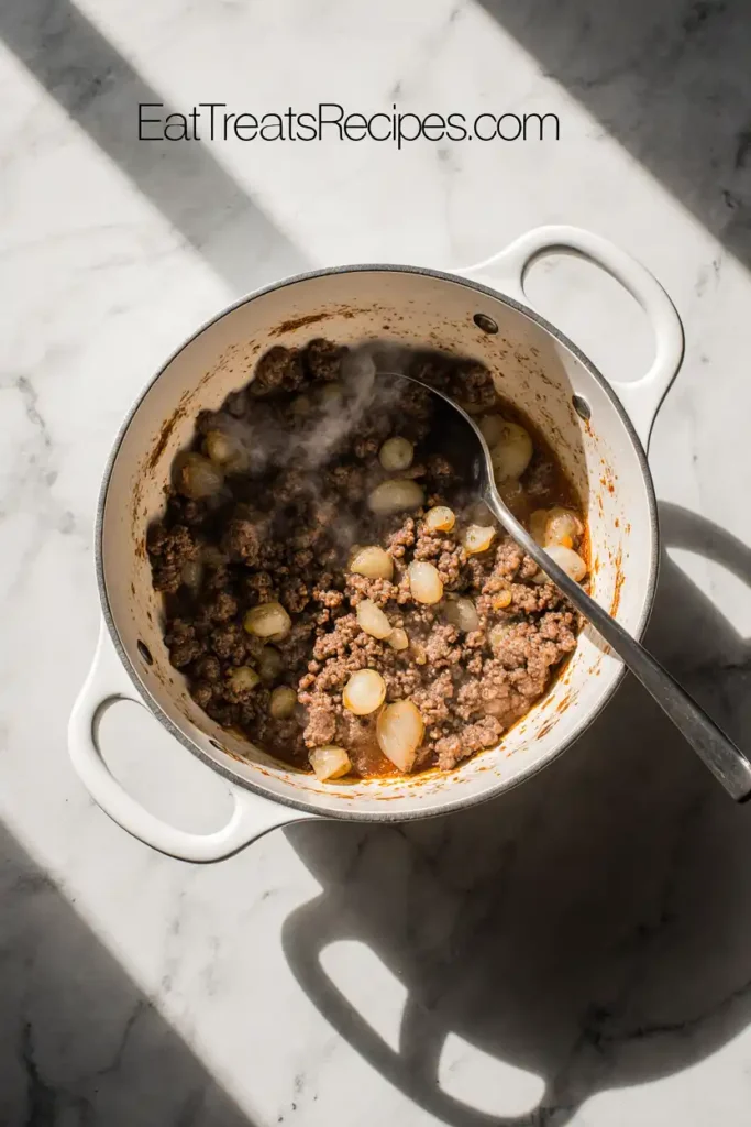 Ground beef browning with onion and garlic in pot