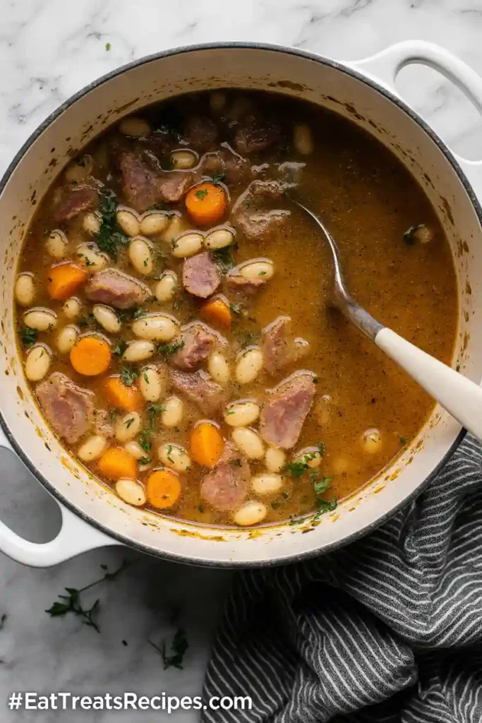 Ham and white bean soup simmering in white pot with visible steam