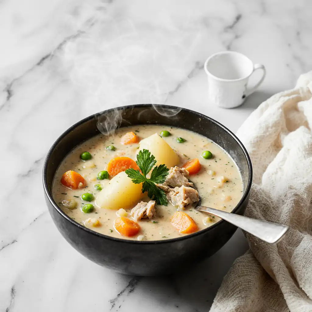 Creamy chicken pot pie soup in a white bowl with parsley garnish on marble background