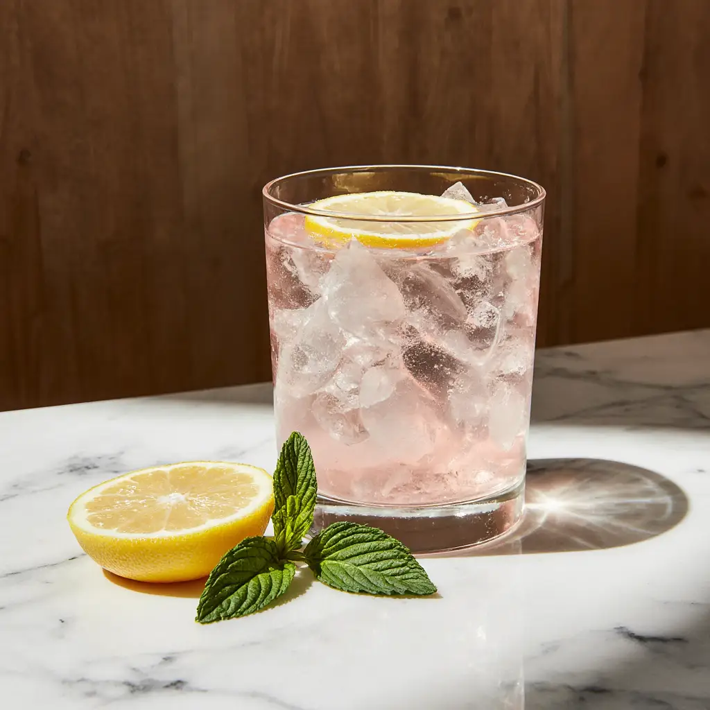 Himalayan pink salt drink with lemon on marble