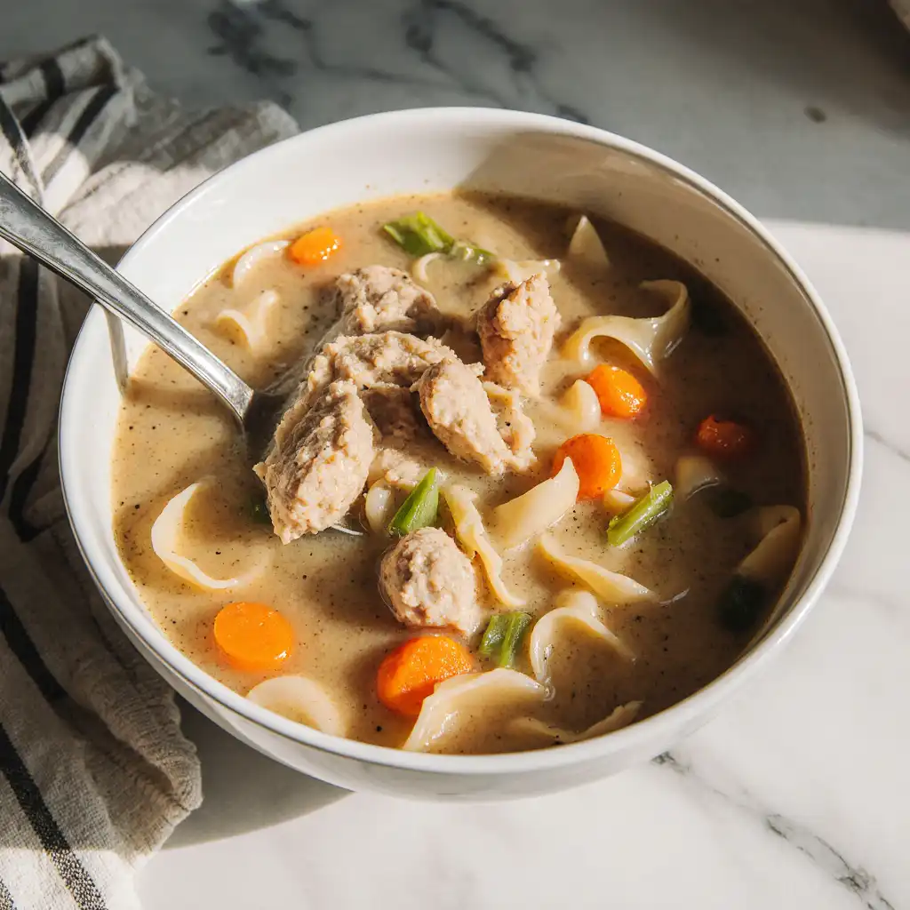Cozy chicken noodle soup with egg noodles, carrots, and herbs in a white bowl