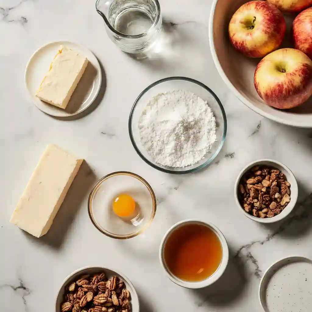 Ingredients for Apple Brownies on white marble