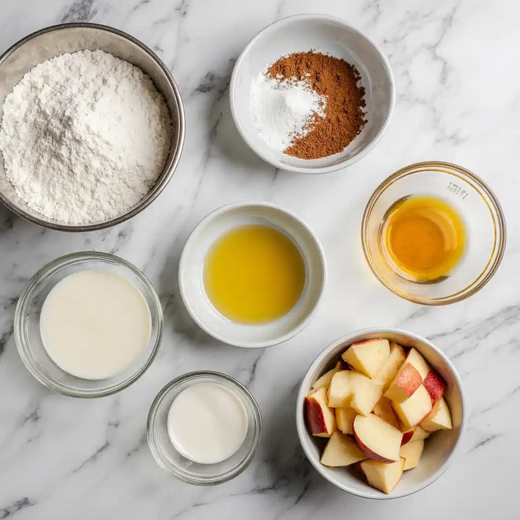 ngredients for Apple Cinnamon Bread on white marble