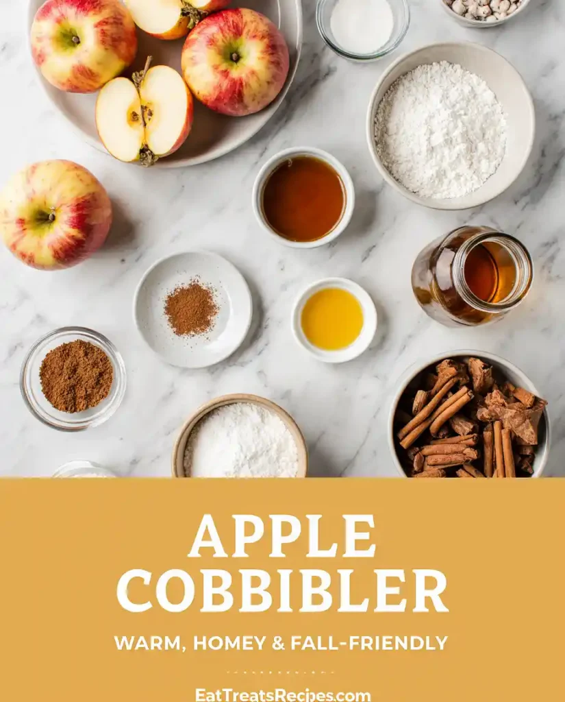 Ingredients for Apple Cobbler on white marble