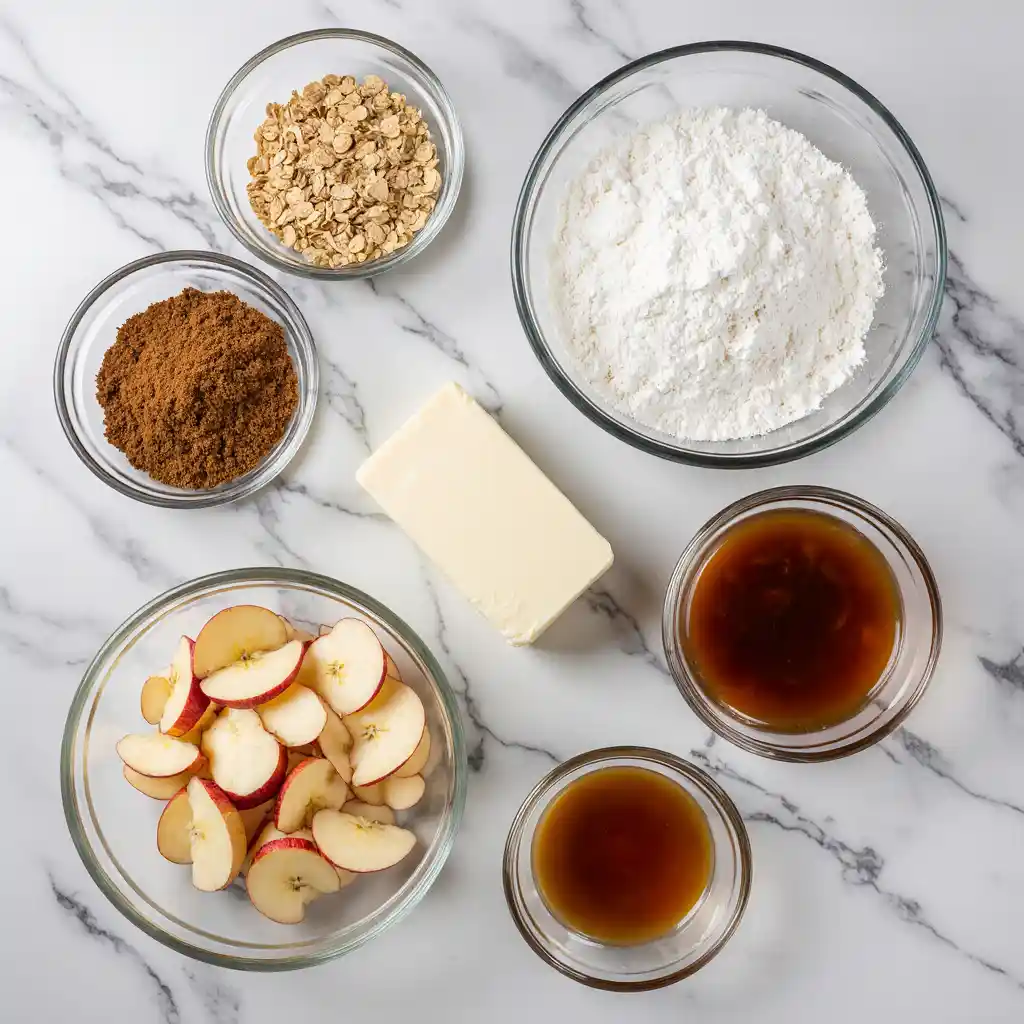 Ingredients for Caramel Apple Cheesecake Bars on white marble