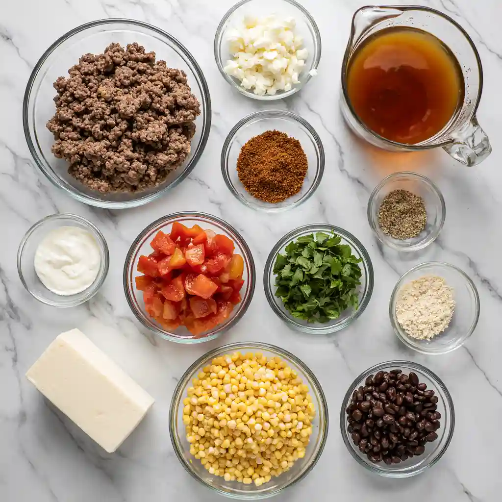 Ingredients for Creamy Taco Soup With 19G Protein on white marble