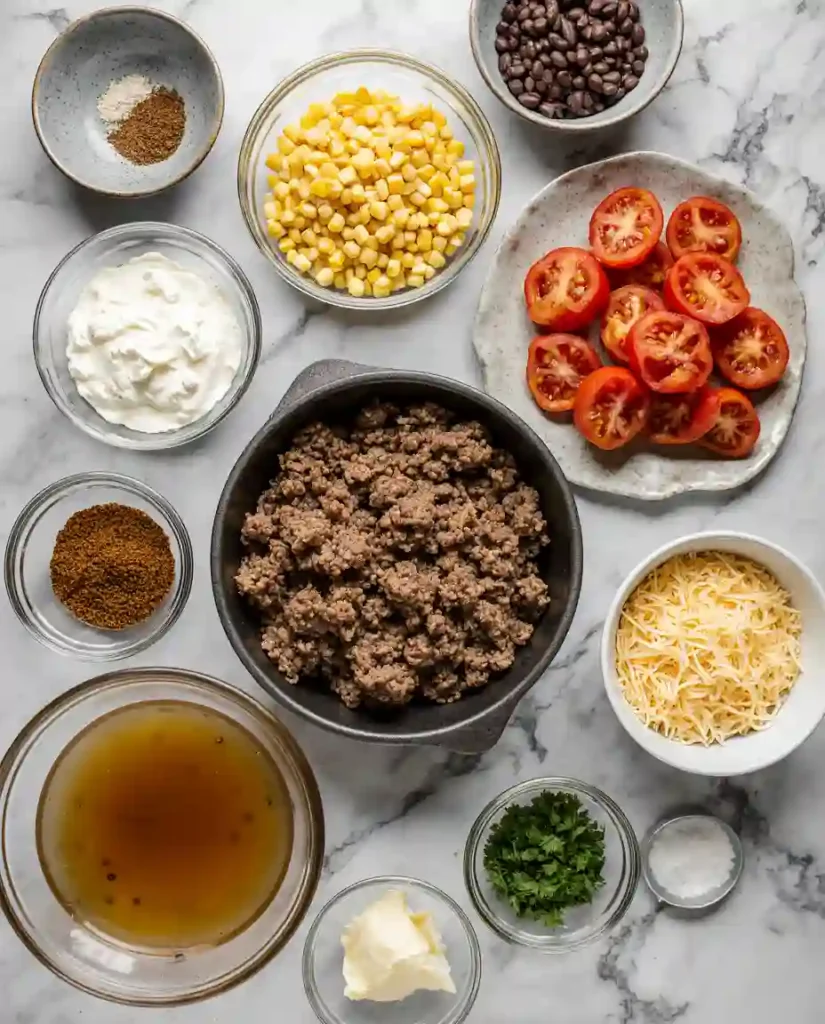 Ingredients for cheesy taco soup on marble