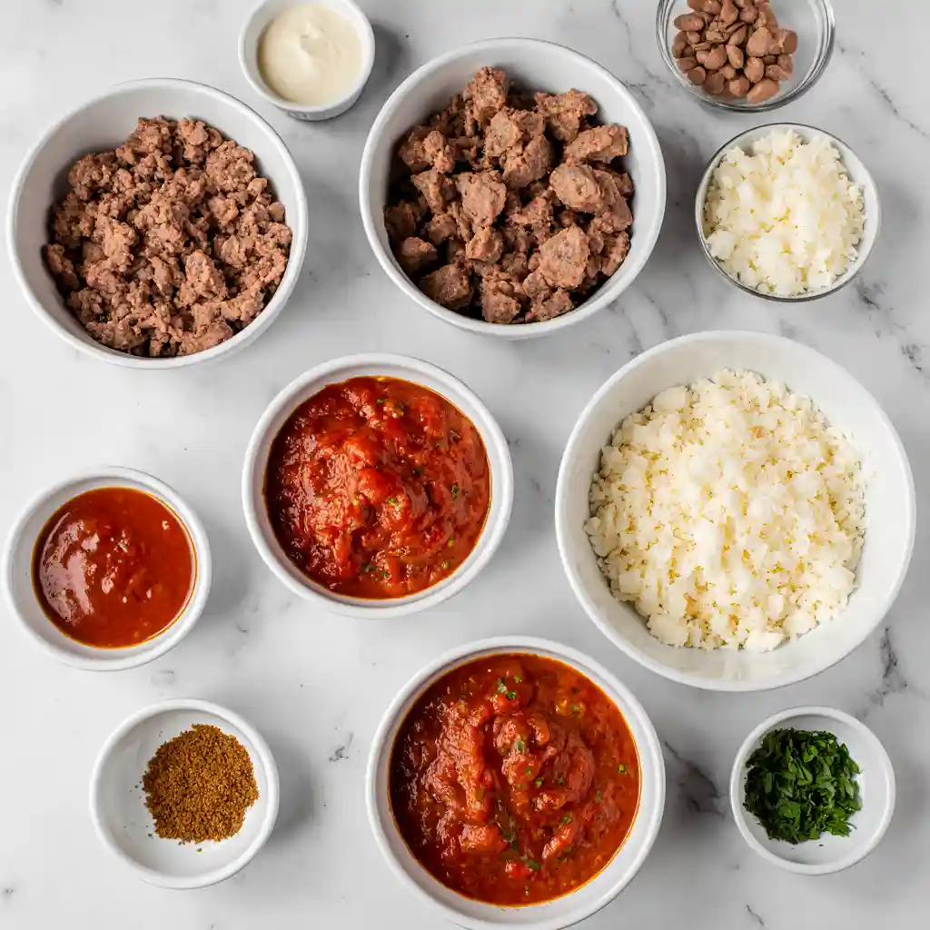 Ingredients for Lasagna Soup with 26G protein on white marble