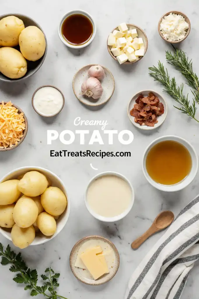Ingredients for creamy potato soup arranged on marble surface potatoes, onion, butter, cheese, bacon, and herbs