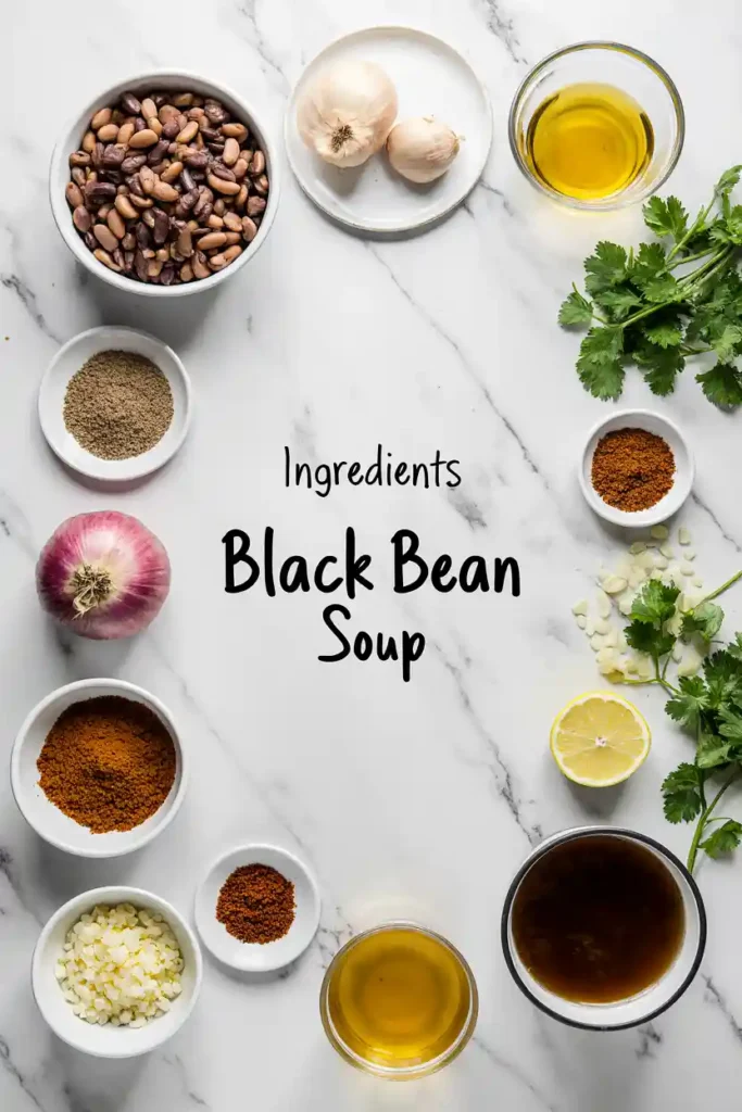 Ingredients for black bean soup on marble background