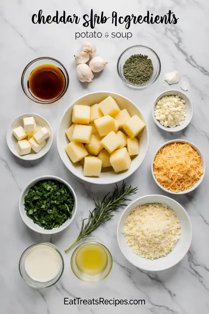 Ingredients for cheddar garlic herb potato soup potatoes, butter, cheddar, garlic, and herbs arranged on marble surface