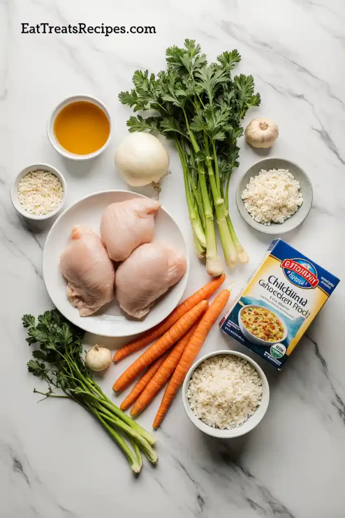 Ingredients for chicken and rice soup on marble background