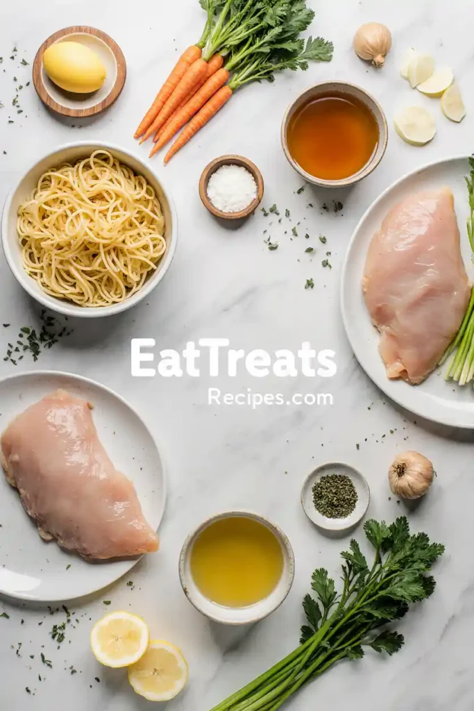 Ingredients for chicken noodle soup on marble surface