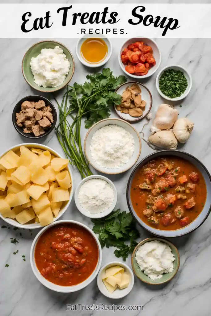 Ingredients for lasagna soup on marble background