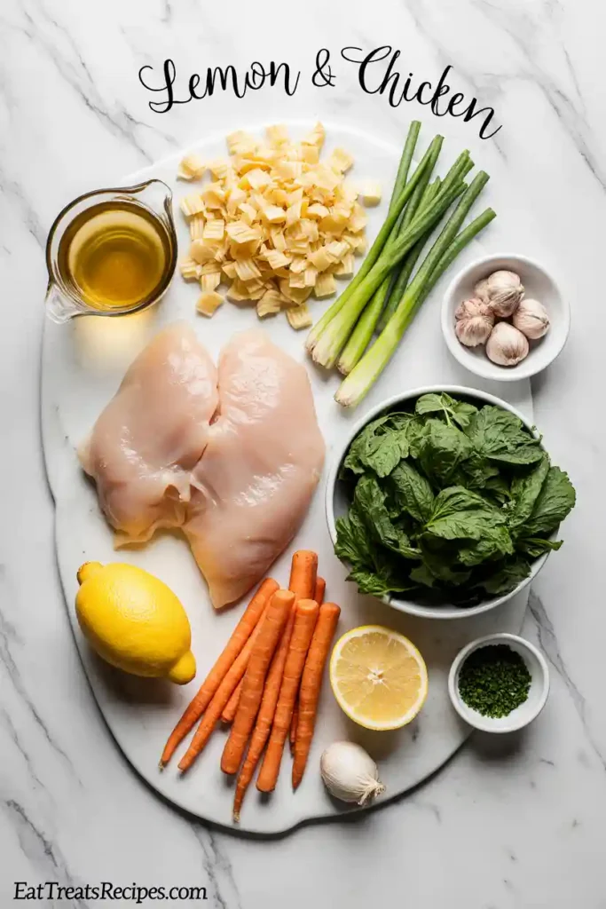 Ingredients for lemon chicken orzo soup on marble surface