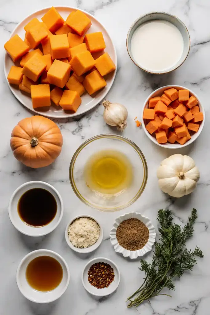 Ingredients for roasted pumpkin soup on marble