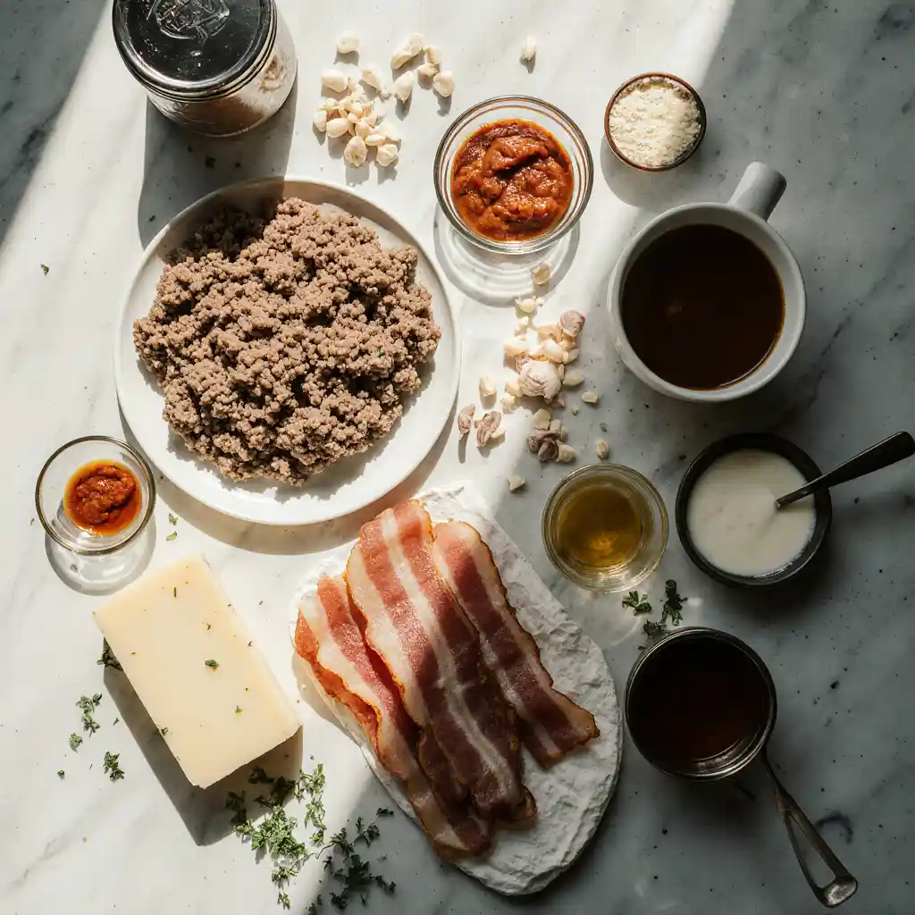 Ingredients for Easy Crockpot cheeseburger soup with 41G protein on white marble